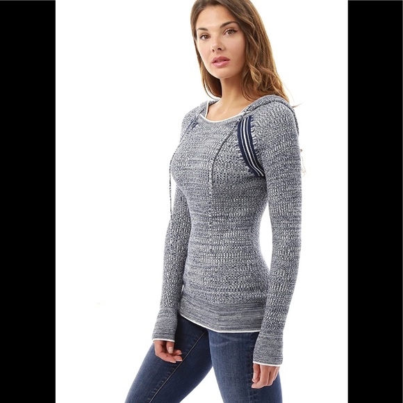 Sweaters - Marled Raglan Hoodie Sweater Navy Blue and White